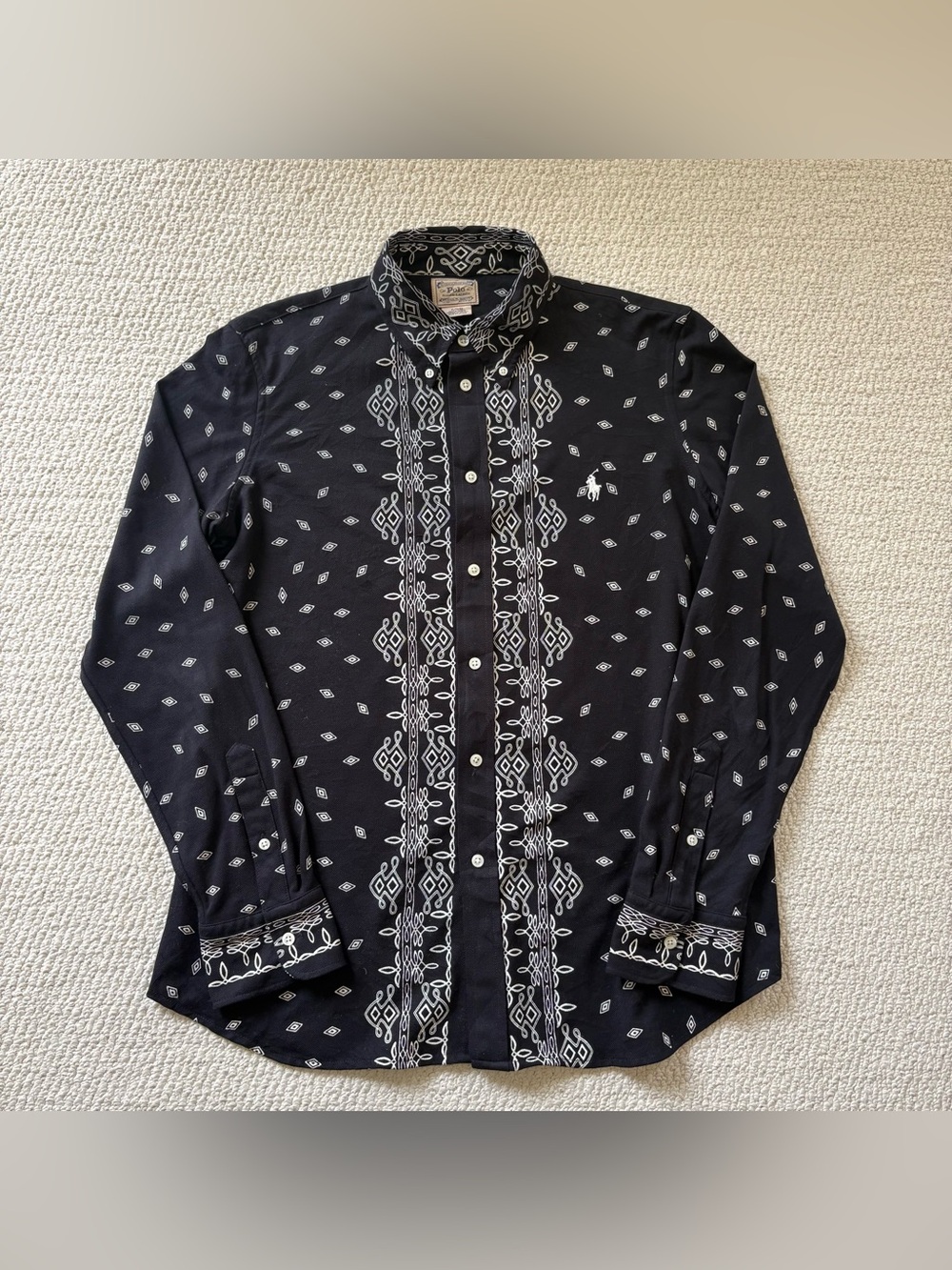 True Vintage Ralph Lauren Black Button-Down with White Embroidered Pattern
